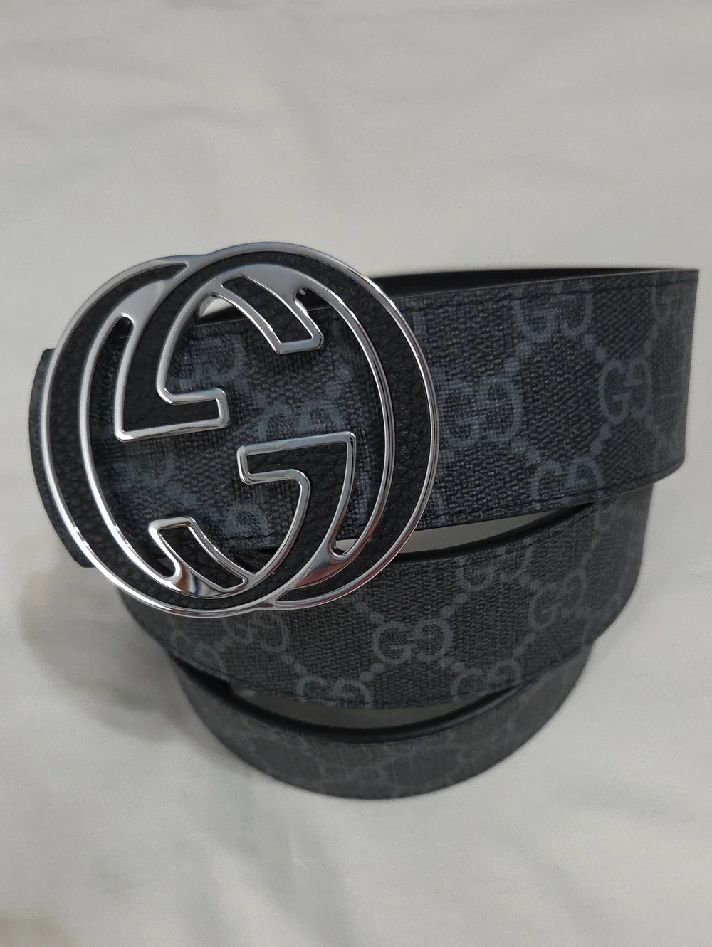 Gucci Black Leather Monogram Belt Silver Double GG Buckle